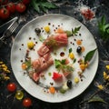 Tuna Fillet, Parmesan Cheese and Tomato Jelly Top View, Molecular Food Dish, Seafood Royalty Free Stock Photo