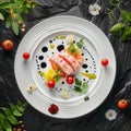 Tuna Fillet, Parmesan Cheese and Tomato Water Jelly Top View, Molecular Dish, Fish on Restaurant Plate Royalty Free Stock Photo