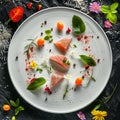 Tuna Fillet, Parmesan Cheese and Tomato Water Jelly Top View, Molecular Dish, Fish on Restaurant Plate Royalty Free Stock Photo