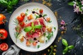 Tuna Fillet, Parmesan Cheese and Tomato Water Jelly Top View, Molecular Dish, Fish on Restaurant Plate Royalty Free Stock Photo