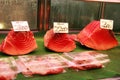 Tuna fillets for sale in Tsukiji fish market Royalty Free Stock Photo