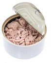 Tuna fish in a can on white Royalty Free Stock Photo