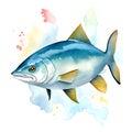 Tuna fish in cartoon style. Cute Little Cartoon Tuna fish isolated on white background. Watercolor drawing, hand-drawn Tuna fish Royalty Free Stock Photo