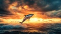 A tuna fish jumping out of the ocean on the setting sun background Royalty Free Stock Photo