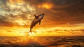 A tuna fish jumping out of the water on the setting sun background Royalty Free Stock Photo