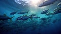 Tuna fish in the ocean. School of tuna fish in the ocean. Tuna. Generative Ai Royalty Free Stock Photo