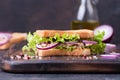 Tuna fish sandwich with onion, lettuce and olive oil on a wooden board. Royalty Free Stock Photo