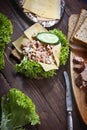 Tuna fish sandwich on wooden table, with green salad, cheese and fresh vegetables Royalty Free Stock Photo