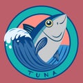 Tuna fish seafood on blue wave circle logo