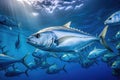 Tuna fish swimming in the blue sea. Underwater world, A large school of Trevally swimming in the deep blue tropical ocean, AI Royalty Free Stock Photo