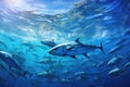 Tuna fish swimming in the ocean. Underwater world. 3d rendering, A large school of Trevally in a deep blue tropical ocean, AI Royalty Free Stock Photo