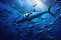 Tuna fish swimming underwater in the deep blue ocean with sun rays, A large school of tuna swimming in the deep blue ocean, Royalty Free Stock Photo