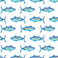 Tuna fish on a white background. Blue ocean fish. Seamless watercolor pattern. Source of Omega 3. For printing and