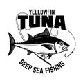 Tuna fishing. Yellowfin tuna and fishing rod. Design element for logo, label, emblem, sign, poster, card. Royalty Free Stock Photo