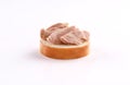 Tuna on french bread, canape, spanish tapas on white background