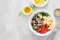 Tuna and fresh vegetable salad of tomato, cucumber, olives, onion, lettuce and boiled egg Royalty Free Stock Photo