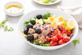 Tuna and fresh vegetable salad of tomato, cucumber, olives, onion, lettuce and boiled egg Royalty Free Stock Photo