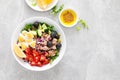 Tuna and fresh vegetable salad of tomato, cucumber, olives, onion, lettuce Royalty Free Stock Photo