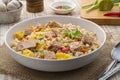 Tuna fried rice, Pan stir fry cooked rice with canned tuna fish ,tomato ,carrot ,peas and egg.Quick and Easy one dish meal on Royalty Free Stock Photo