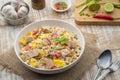 Tuna fried rice, Pan stir fry cooked rice with canned tuna fish ,tomato ,carrot ,peas and egg.Quick and Easy one dish meal on Royalty Free Stock Photo