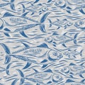 Tuna Hand drawing engraving pattern seamless. tunny Seafood fish background. vector texture Royalty Free Stock Photo