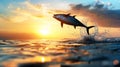 A tuna leaps from the ocean at sunset, creating a dynamic splash