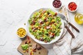 Healthy Green salad with tuna, corn, carrots, peas, pepper, beans and olives Royalty Free Stock Photo