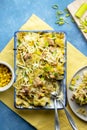 Tuna Pasta Bake with sweet corn. One pan easy, comfort food, blue background