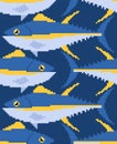 Tuna pixel art pattern seamless. pixelated tunny Seafood fish background. 8 bit vector texture