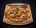 Tuna pizza with shrimp and cutlery Royalty Free Stock Photo