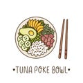 Tuna poke bowl - Hawaiian dish, rice with ahi tuna, avocado, mango, cucumber and seaweed.