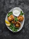 Tuna and potato cutlets with spinach and greek yogurt on a dark background, top view