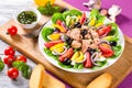 Tuna salad with anchovies, eggs, black olives, tomatoes, oil, basil, garlic, vinegar Royalty Free Stock Photo