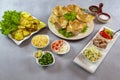 Tuna salad baskets, with shrimp salad leaves, baked potatoes, top view