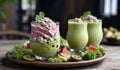 Tuna salad with blended Kiwi juice is ready to serve. Food that is low in calories and full of value and nutrition. on a rustic Royalty Free Stock Photo