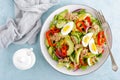 Tuna salad with boiled egg and fresh vegetables. Healthy diet food. Greek cuisine Royalty Free Stock Photo