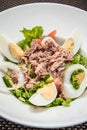 Tuna salad with eggs, tomatoes, salad leaves and onions