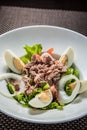 Tuna salad with eggs, tomatoes, salad leaves and onions