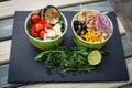 Tuna salad fresh vegetables menu fast food take&Go black table plate