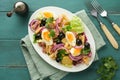 Tuna salad with pasta, eggs, potatoes, olives, red onions and sauce in white plate on old turquoise wooden rustic table background Royalty Free Stock Photo