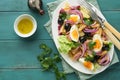 Tuna salad with pasta, eggs, potatoes, olives, red onions and sauce in white plate on old turquoise wooden rustic table background Royalty Free Stock Photo