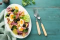 Tuna salad with pasta, eggs, potatoes, olives, red onions and sauce in white plate on old turquoise wooden rustic table background Royalty Free Stock Photo