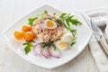 Tuna salad with rice, arugula and tomatoes on light wooden background. Healthy food, seafood menu Royalty Free Stock Photo