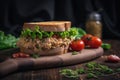 tuna salad sandwich with crispy bread, juicy tomatoes and crunchy lettuce