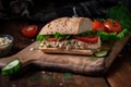 tuna salad sandwich on rustic roll, with tomatoes and dill pickle slices Royalty Free Stock Photo