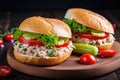 tuna salad sandwich on rustic roll, with tomatoes and dill pickle slices Royalty Free Stock Photo