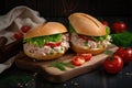 tuna salad sandwich on rustic roll, with tomatoes and dill pickle slices Royalty Free Stock Photo