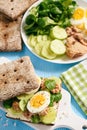 Tuna salad sandwiches with eggs and cucumbers. Royalty Free Stock Photo