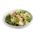 Tuna salad and vegetable with lettuce, eggs and pomegranate isolated on white background Royalty Free Stock Photo