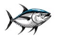 Tuna. Sea fish drawn in ink. Black and white outline with blue color. Vector illustration. Royalty Free Stock Photo